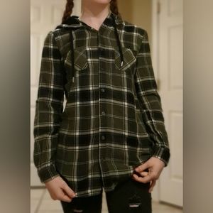 Green plaid button-up long sleeve with hoodie